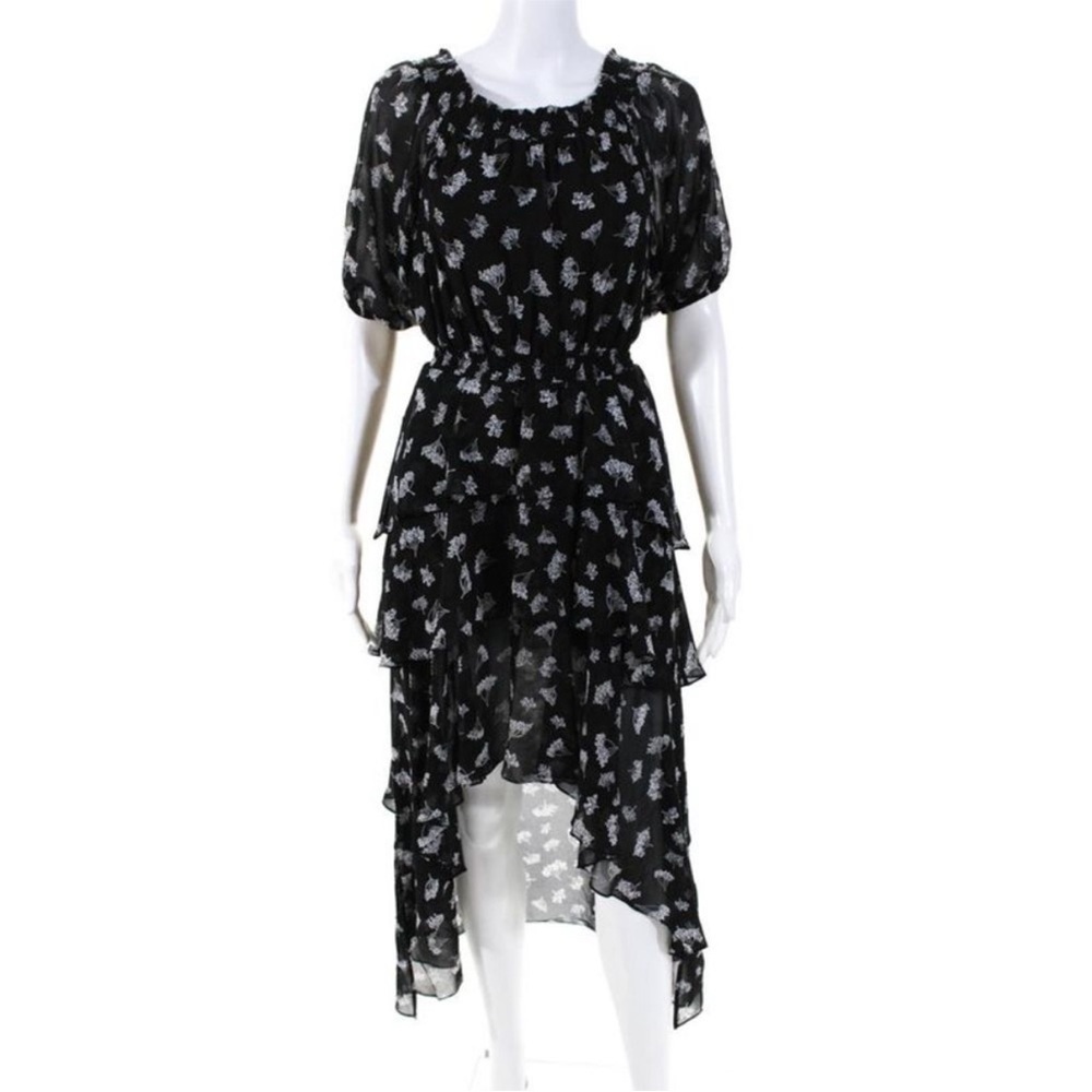 Maje Floral Off Shoulder Hi Low Black White Asymmetrical Midi Dress US M l FR 38 - Picture 9 of 14